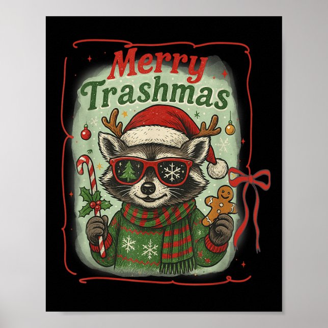 Retro Coquette Merry Trashmas Raccoon Weihnachts C Poster (Vorne)