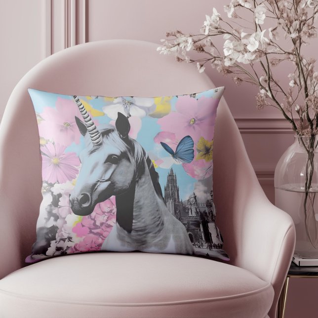 Retro Coquette Pink und Blue Unicorn Collage Kissen (Elevate your style with this standout piece, ideal for lovers of vintage flair )