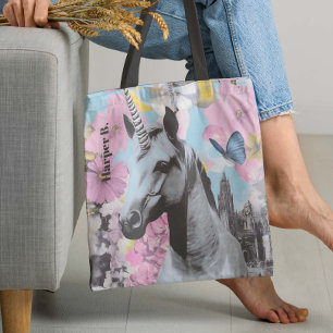 Retro Coquette Rosa und Blaues Einhorn Collage