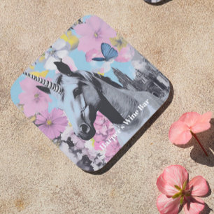 Retro Coquette Rosa und Blaues Einhorn Collage Getränkeuntersetzer