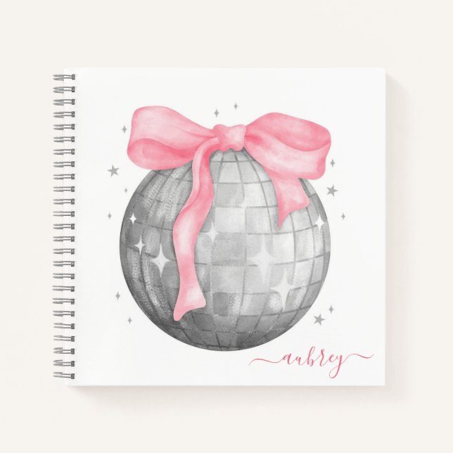 Retro Coquette Silver Disco ball Pink Ribbon Notizbuch (Vorderseite)