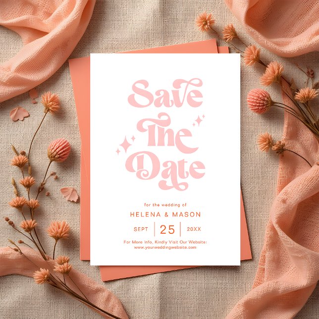 Retro Coral Pink Groovy Script Sommerhochzeit Save The Date (Von Creator hochgeladen)
