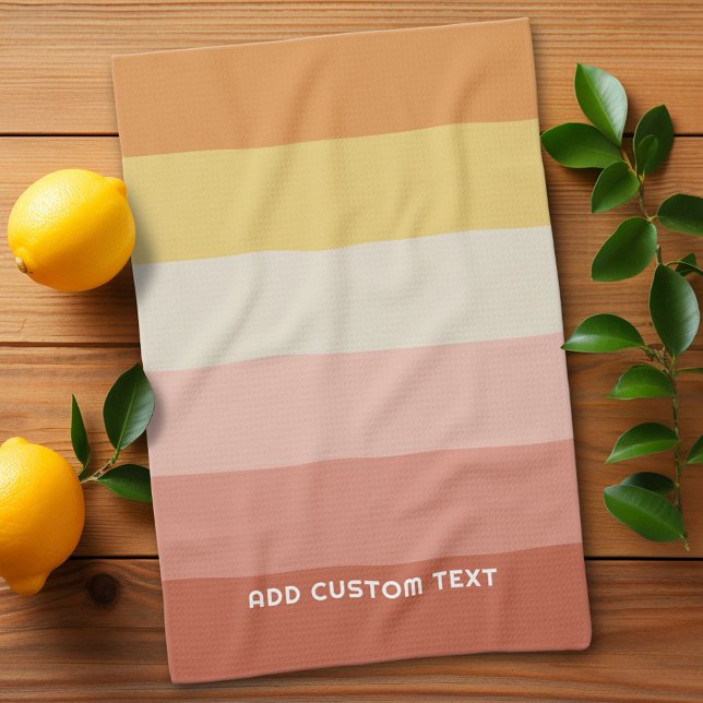 Retro Coral Sunset Streifen Minimal Sans Seriennam Geschirrtuch (Retro Stripes Custom Kitchen Towel)