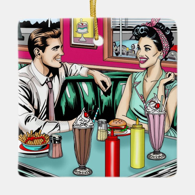Retro Couple aus den 50er Jahren bei Diner Keramikornament (Vorderseite)