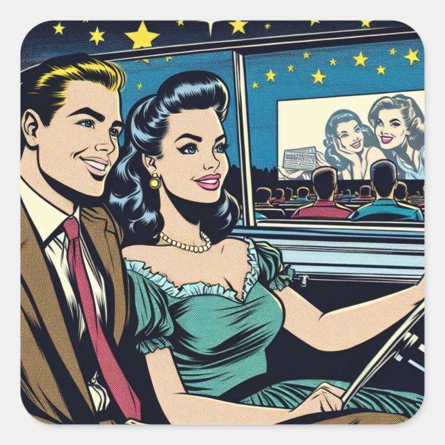 Retro Couple beim Drive-In-Film Quadratischer Aufkleber (Vorderseite)