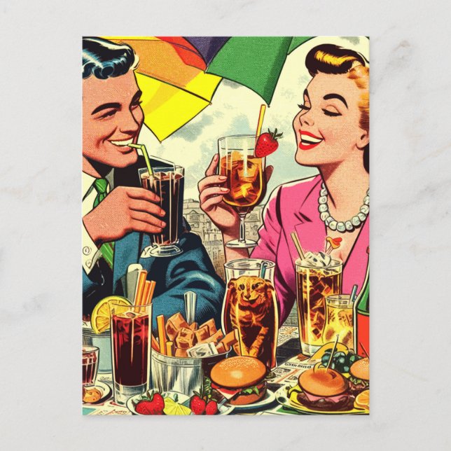 Retro Couple Drinks Comic Postkarte (Vorderseite)