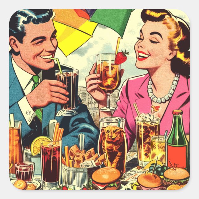 Retro Couple Drinks Comic Quadratischer Aufkleber (Vorderseite)