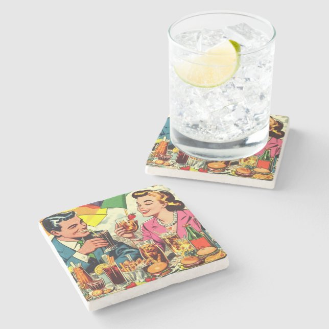 Retro Couple Drinks Comic Steinuntersetzer (Seitenansicht)