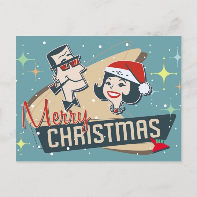 Retro Couple Frohe Weihnachten Vintager Urlaub Postkarte (Vorderseite)