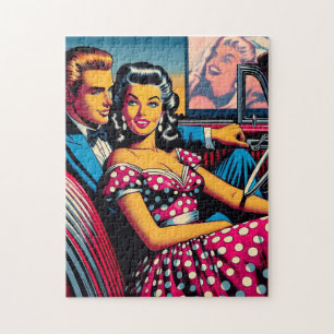 Retro Couple in Car am Drive in Movie Puzzle