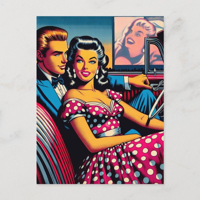 Retro Couple in Car am Drive in Movie Theater Postkarte (Vorderseite)