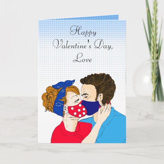 Retro Couple Kissing mit Facemask Valentinstag Karte (Vorderseite)