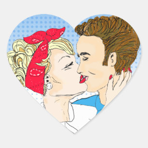 Retro Couple Kissing Romantischer Koketter Heart S Herz-Aufkleber