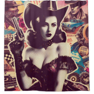 Retro Cowgirl Collage Duschvorhang