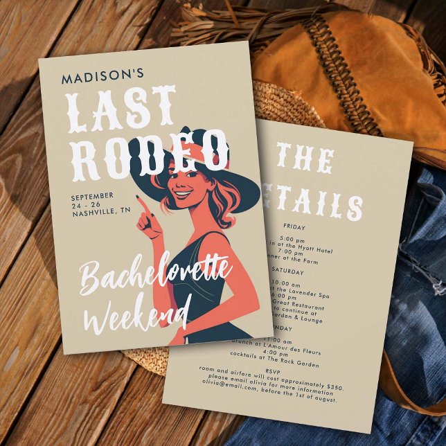 Retro Cowgirl Last Rodeo Glam Linen Bachelorette Einladung (last rodeo bachelorette weekend invitation itinerary retro vintage elegant glam cowgirl black white)
