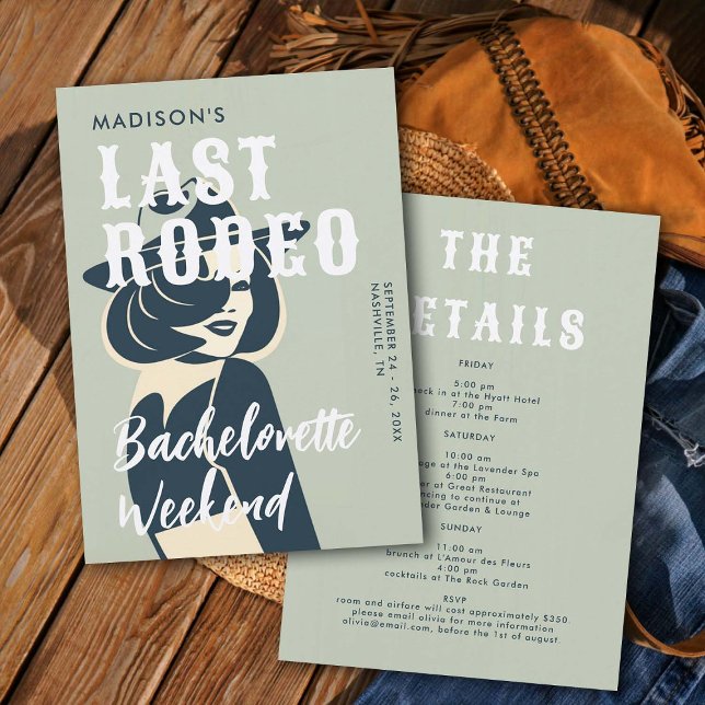 Retro Cowgirl Last Rodeo Glam Sage Bachelorette Einladung (last rodeo bachelorette weekend invitation itinerary retro vintage elegant glam cowgirl sage green)