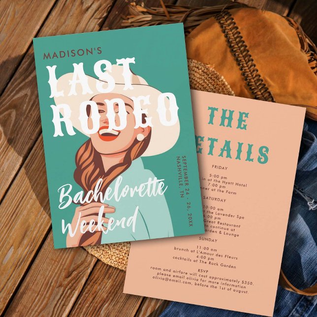 Retro Cowgirl Last Rodeo Itinerary Bachelorette Einladung (last rodeo bachelorette weekend invitation itinerary retro vintage elegant glam cowgirl cowboy west)