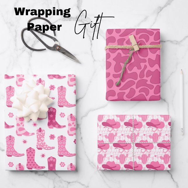 Retro Cowgirl Pink Geschenkpapier Set (Cowgirl wrapping paper sheets, cowgirl boots, hat, sunglasses, cacti, pink)