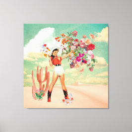 Retro Cowgirl Pinup Bouquet Wüste Surreal Collage Leinwanddruck