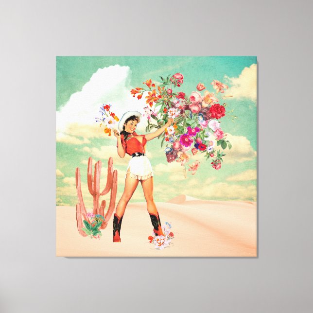 Retro Cowgirl Pinup Bouquet Wüste Surreal Collage Leinwanddruck (Vorderseite)