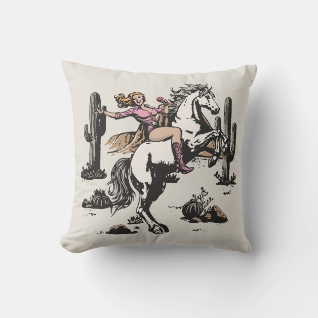 Retro Cowgirl Riding Horse Throw Pillow Kissen (Vorderseite)