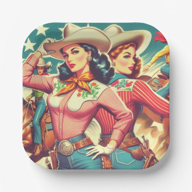 Retro-Cowgirls Button-ups Pappteller (Vorderseite)
