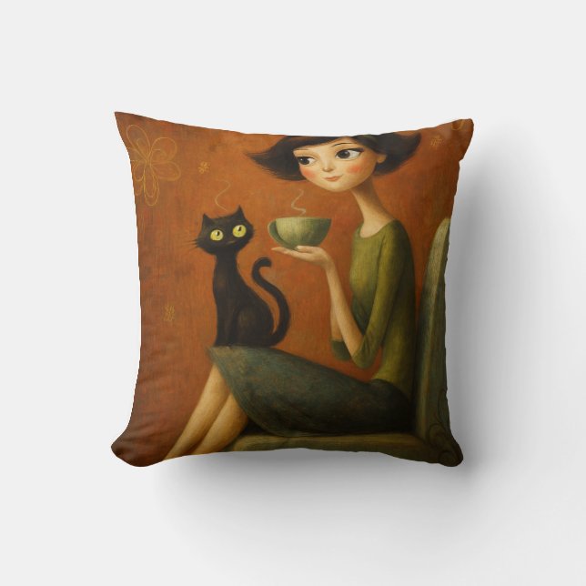 Retro Cozy Morning Black Cat Aesthetic  Kissen (Vorderseite)