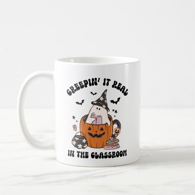 Retro Creepin" It Real Teacher Halloween Kaffeetasse (Links)