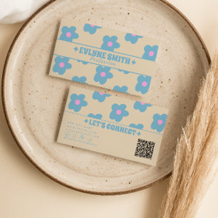 Retro Creme Blau QR Code Groovy Floral Boho Einzig Visitenkarte