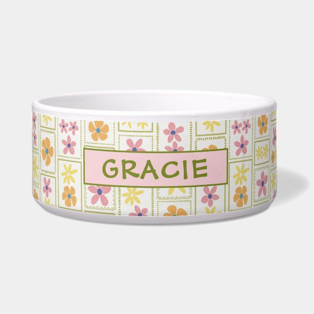 Retro-Creme-Patchwork-Blumenmuster großes individu Napf (Vorderseite)