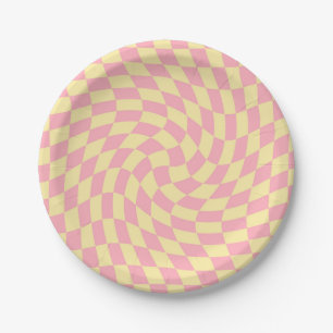 Retro-Creme-Pfirsich-Rosa-Karo-Wellenmuster-Schach Pappteller