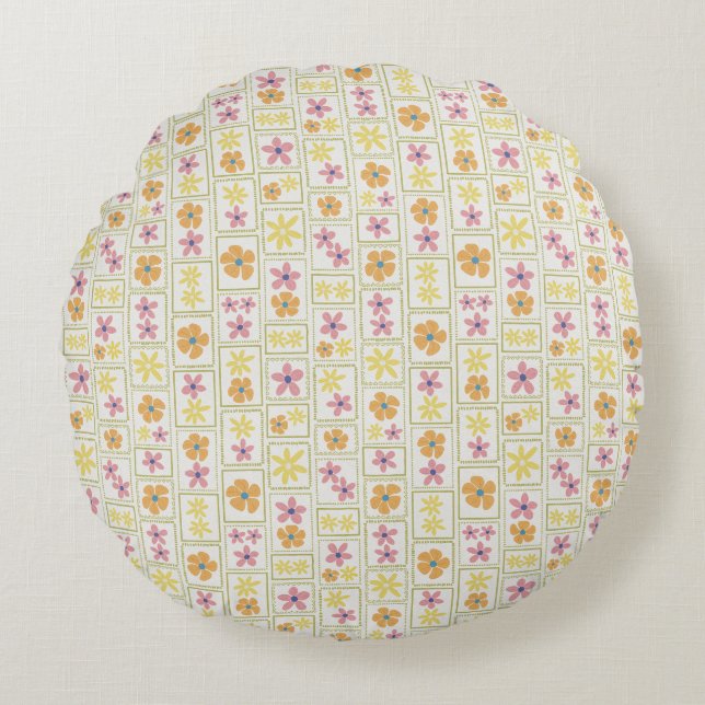 Retro-Cremepatchwork-Blumen 40,6 cm Rundes Kissen (Vorderseite)