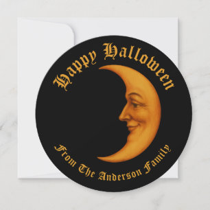Retro Crescent Moon Gesicht glücklich Halloween Feiertagskarte