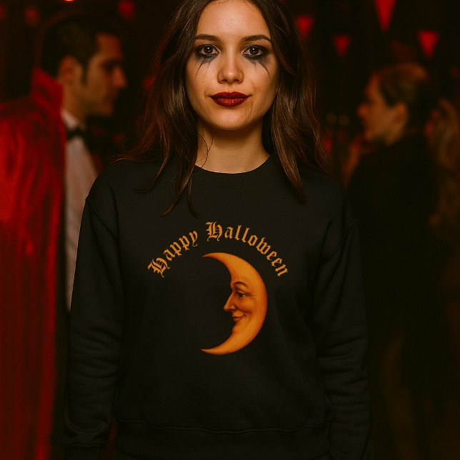 Retro Crescent Moon Gesicht glücklich Halloween Sweatshirt (Von Creator hochgeladen)
