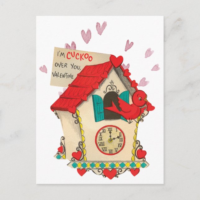 Retro Cuckoo Uhr Vogel Valentine Postkarte (Vorderseite)