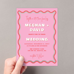 Retro Curve Squiggle Wavy Pink Red Foto Wedding Acryleinladungen