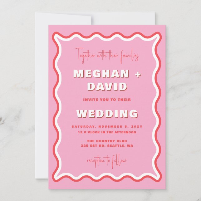Retro Curve Squiggle Wavy Pink Red Foto Wedding Einladung (Vorderseite)