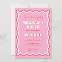 Retro Curve Squiggle Wavy Pink Red Foto Wedding Einladung