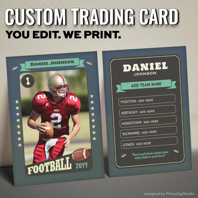 Retro Custom Football Trading Card Player Card Kar Telefonnummerkarte (Custom Football Trading Card, Teal Retro Player Card)