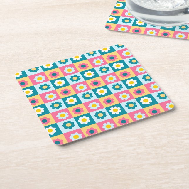 Retro Cute colorful Pastel Flowers Pattern  Rechteckiger Pappuntersetzer (angewinkelt)