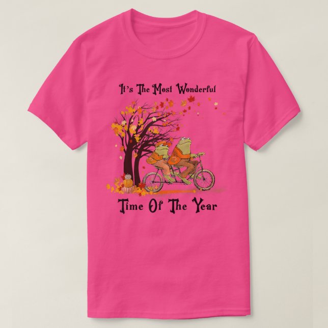 Retro Cute Frogs Riding Bike Fall Leaves Autumn T-Shirt (Design vorne)