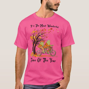 Retro Cute Frogs Riding Bike Fall Leaves Autumn T-Shirt
