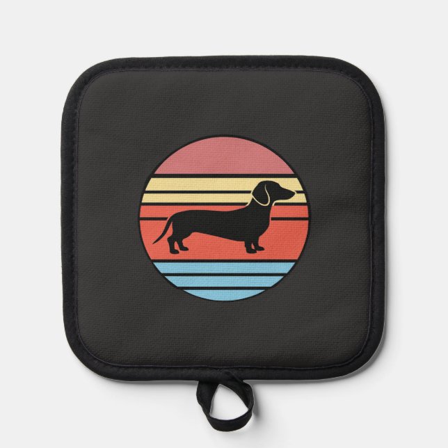 Retro-Dachshund-Sonnenuntergangs-Vektor Topflappen (Vorderseite)