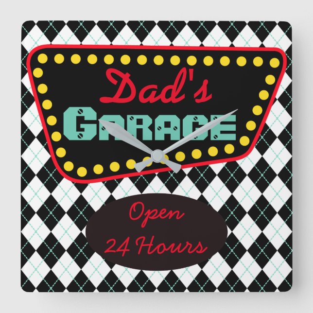 Retro Dad's Garage Wall Clock Father's Day Gift Quadratische Wanduhr (Vorderseite)