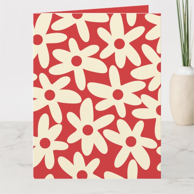 Retro Daisies Blumenmuster Rot und Creme Karte (Vorderseite)