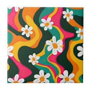 Retro Daisies farbenfroher 70er Hippie Pattern Fliese