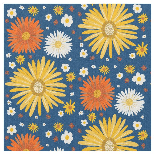 Retro Daisies Muster Deep Blue Stoff (Nahaufnahme)