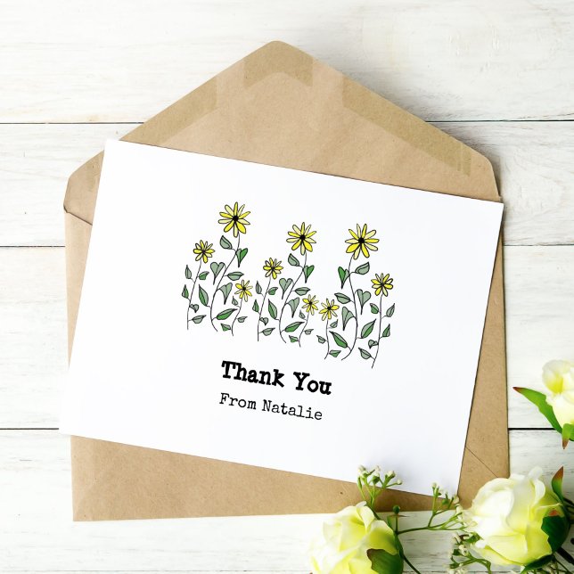 Retro Daisies Niedlich Hand-illustriert Personalis Dankeskarte (Hand-illustrated yellow wildflowers make it fun to catch up on your thank you notes!)