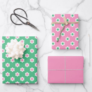 Retro Daisies rosa und grün Geschenkpapier Set