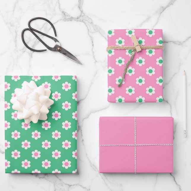 Retro Daisies rosa und grün Geschenkpapier Set (Vorderseite)